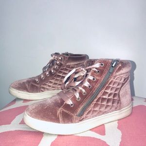 Rose gold high top sneakers with zipper detailing